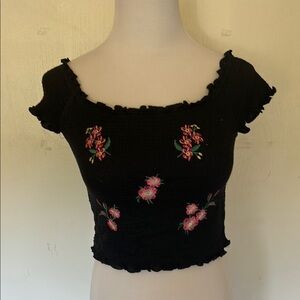 Black Floral Embroidered Women's Top size S